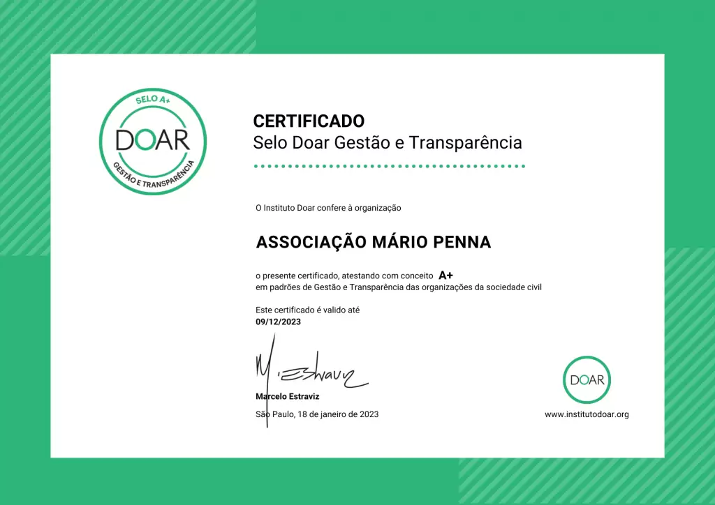 Instituto Mário Penna conquista o Selo Doar A+ como reconhecimento pela transparência em doações recebidas